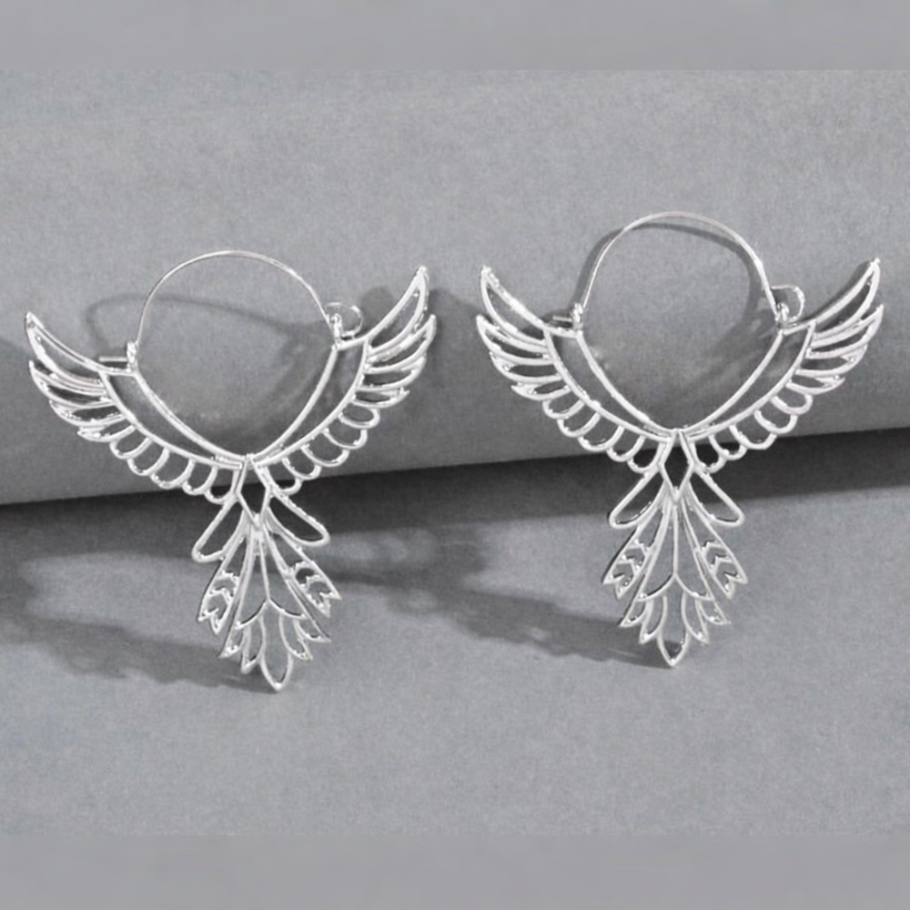 “Thunderbird” Phoenix Silver Guardian Angel Festival Native American Wing Hoops - Picture 3 of 13